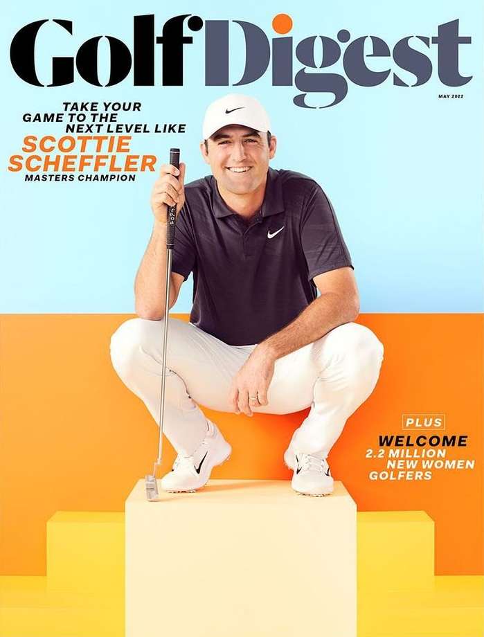 Golf Digest magazine cover featuring professional golfer Scottie Scheffler, wearing golf attire, posing with a golf club on a yellow platform.
