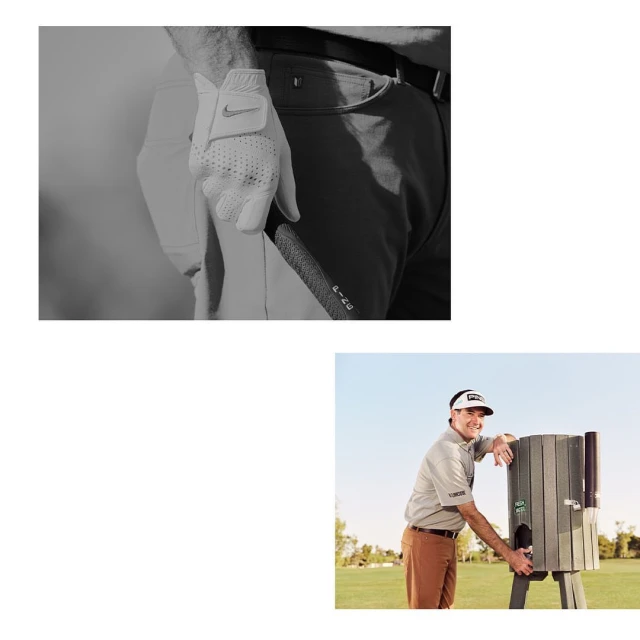 Close-up of golfer's gloved hand gripping club, and golfer by ball cleaning station on sunny course with trees and blue sky.