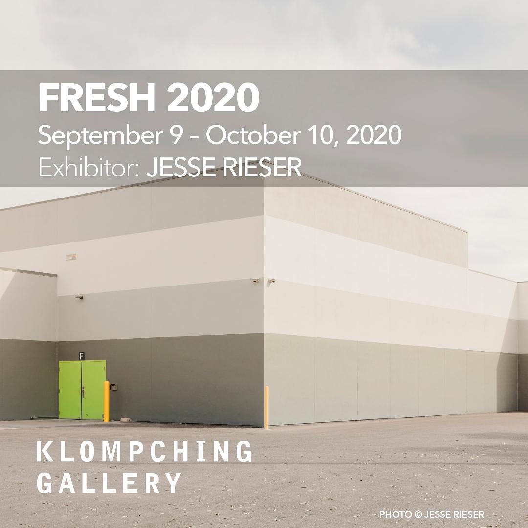 Exterior of the Klompching Gallery building with a green door, text for the 'Fresh 2020' exhibit, and a cloudy sky.