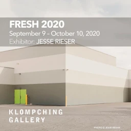 Exhibition promotional image featuring a neutral-toned commercial building exterior with bright green doors and overlaid text reading Fresh 2020