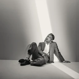 Man in suit seated on studio floor with a diagonal beam of light overhead by Jessica Chou