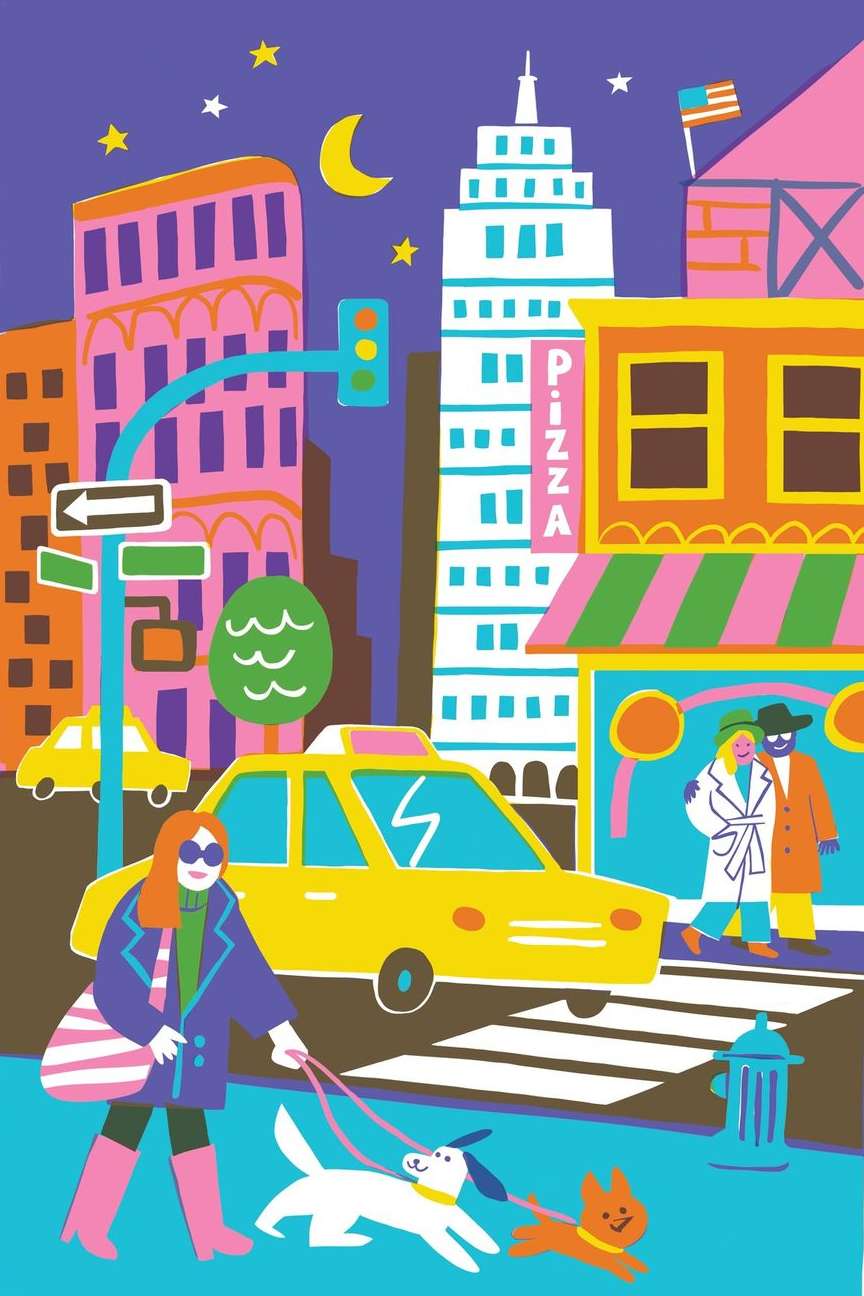 Stylized vector illustration of a woman walking two dogs on a city street with a yellow taxi cab and urban buildings.