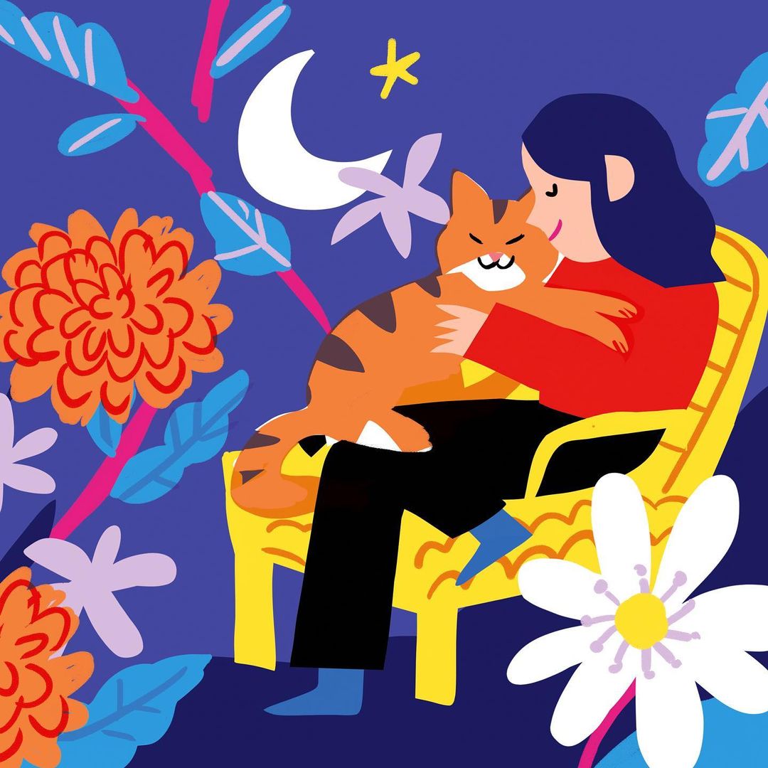 Whimsical illustration of a woman sitting in a yellow chair hugging an orange cat with floral elements, a crescent moon, and star.