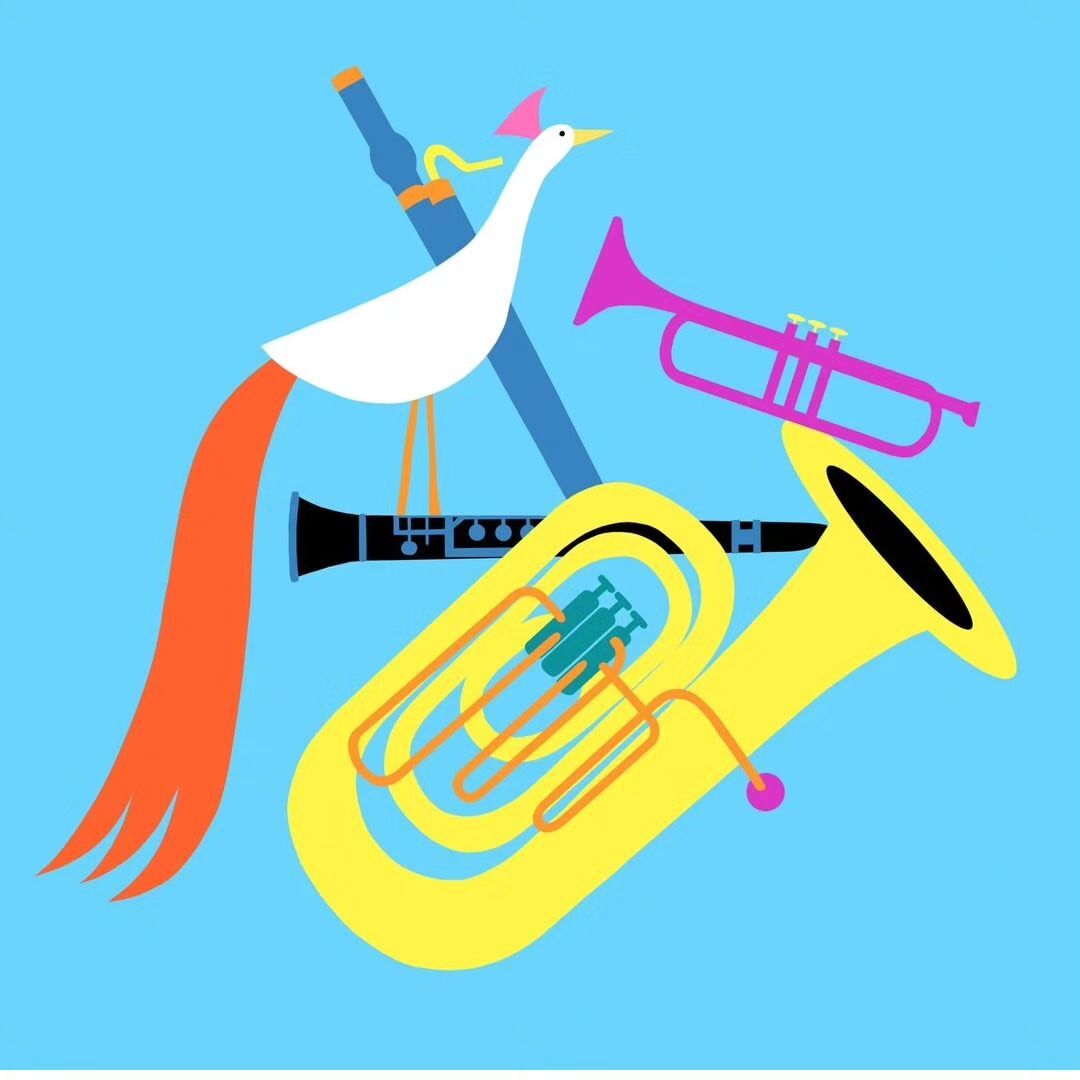 Illustration featuring musical instruments including a tuba, clarinet, trumpet, and flute, set against a light blue background.