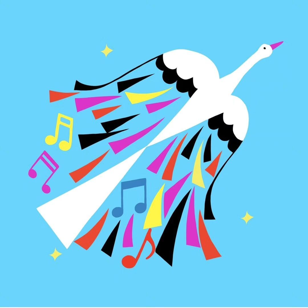 Stylized vector art shows a white swan with colorful feather-like geometric shapes and music notes against a sky-blue background.