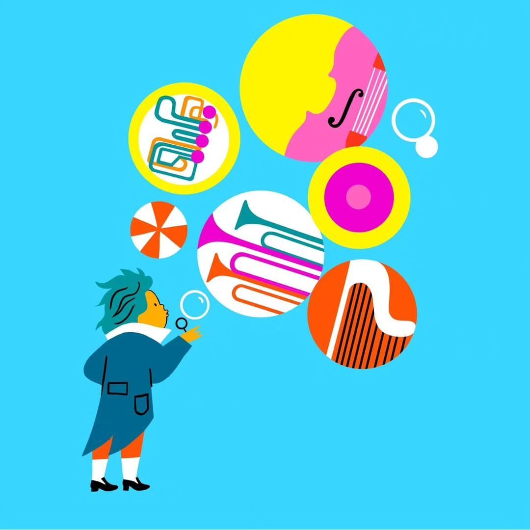Illustration of a child blowing musical note bubbles into the air, surrounded by colorful circles of string instruments, on light blue.