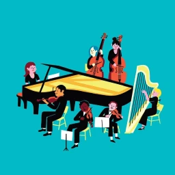 Illustrated orchestra of musicians playing classical instruments around a large grand piano against a solid teal background.