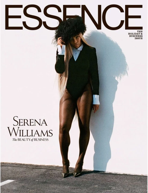 Essence magazine cover featuring Serena Williams in a black bodysuit, feather hat, and black tights, posing against a white wall.