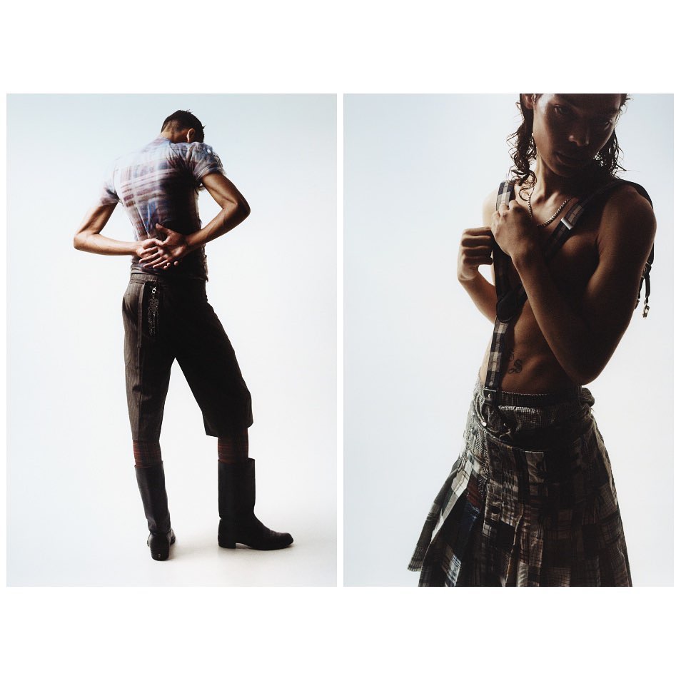 Fashion editorial diptych featuring two slender adult male models in patterned tops and modern trousers in a brightly lit photo studio.