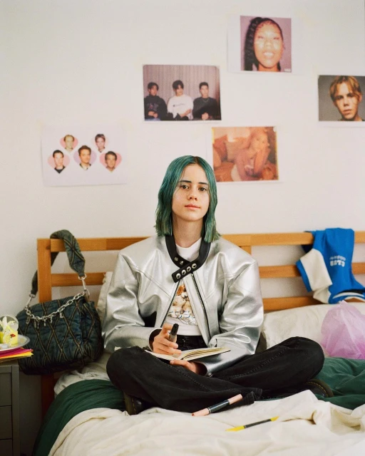 Teen with blue hair sits cross-legged on a bed in a silver jacket, holding a pen and notebook, surrounded by posters on the wall.