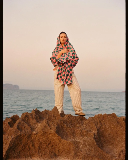 Adult woman stands on rocks wearing striped pants and draped in a checkered shawl, overlooking a serene seascape at dusk.