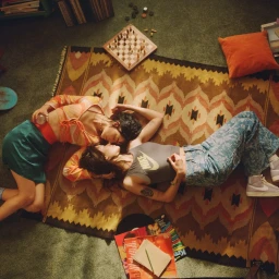 Two women lying close together on a patterned rug surrounded by books, a chessboard, and records.