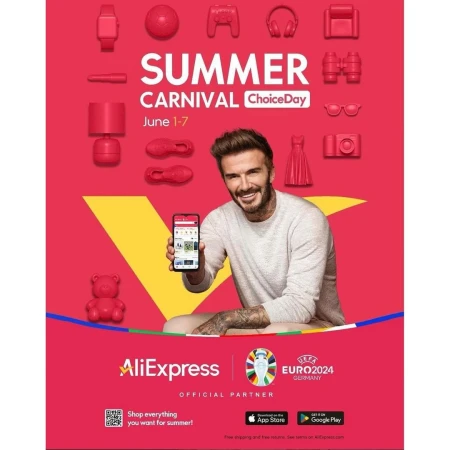 Advertising campaign for AliExpress features David Beckham holding a smartphone, surrounded by summer-themed product icons in red tones.