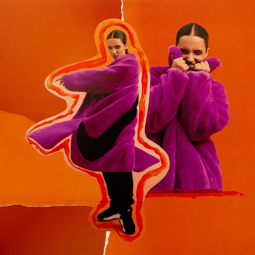 Collage art with woman in purple faux fur coat, split-screen effect, against an orange background. Fashion editorial style.