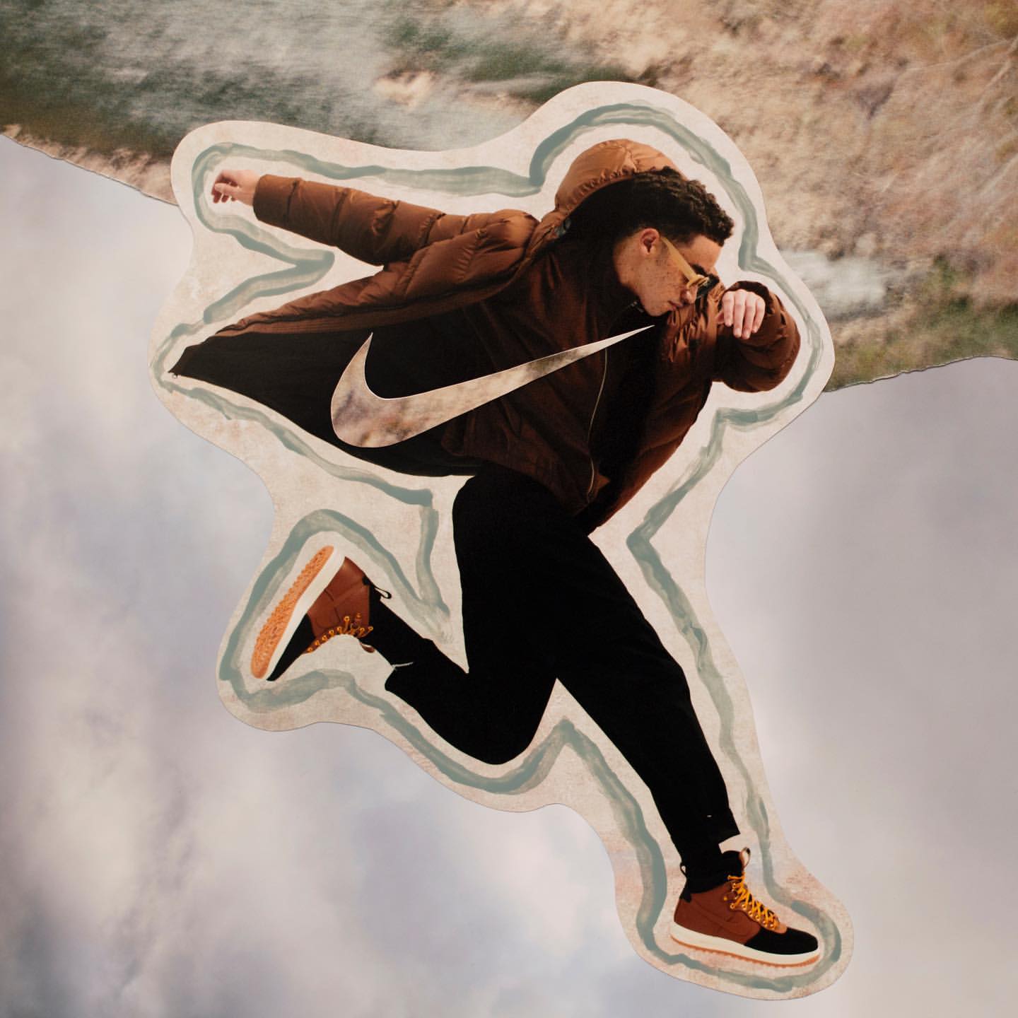 Digital collage of a man in a brown puffer jacket and black pants running, with a Nike logo, against a cloudy sky background.