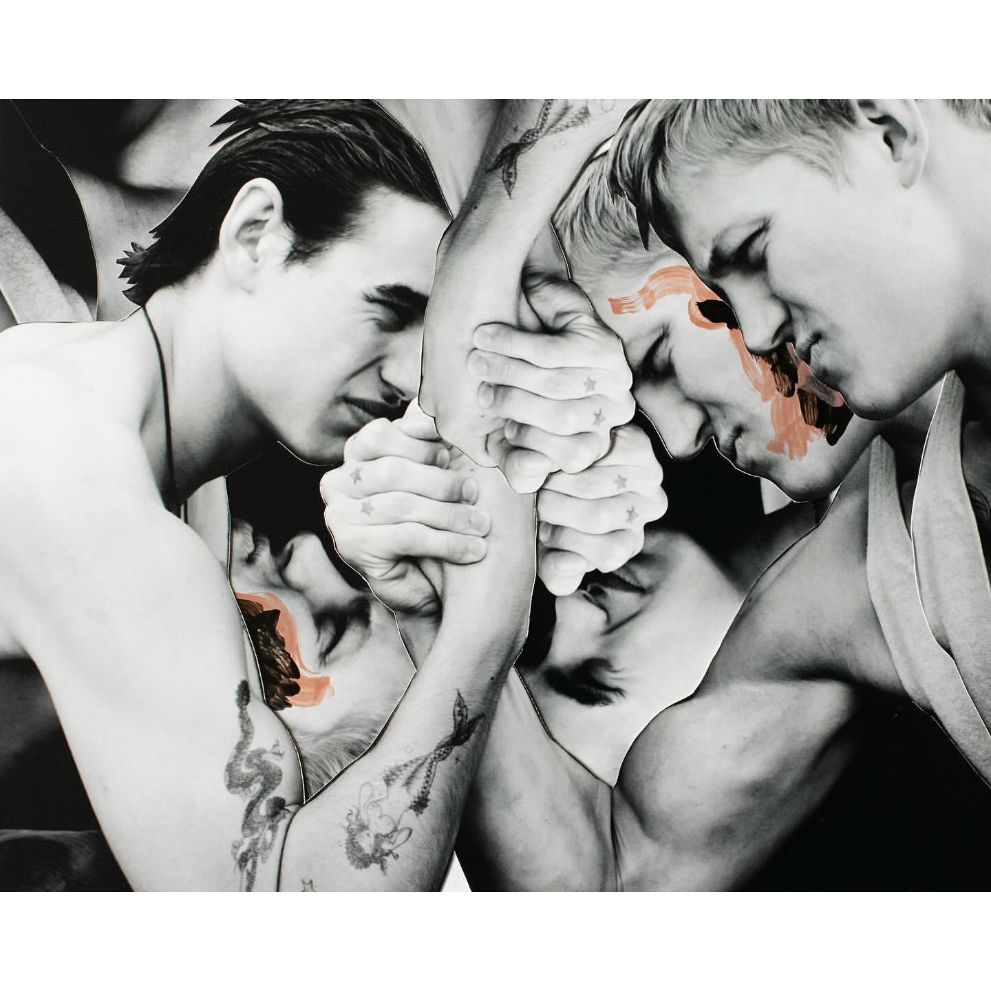 Monochrome art image of male arm wrestlers with paint on their faces. Intimate human interaction and bold artistic expression.
