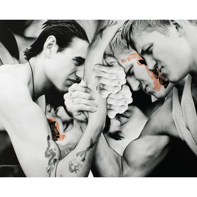 Monochrome art image of male arm wrestlers with paint on their faces. Intimate human interaction and bold artistic expression.