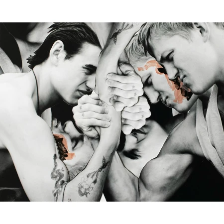 Monochrome art image of male arm wrestlers with paint on their faces. Intimate human interaction and bold artistic expression.