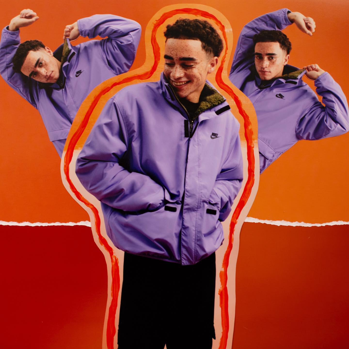 Collage portrait of a smiling young man in a purple Nike jacket, with multiple images against an orange and red background.