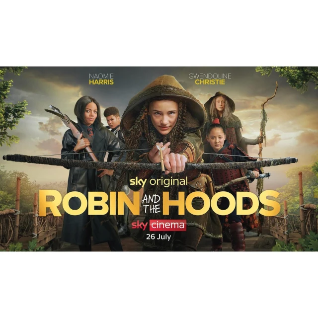 Group of young archers dressed in medieval-style attire in the promotional poster for 'Robin and the Hoods' TV show. 
