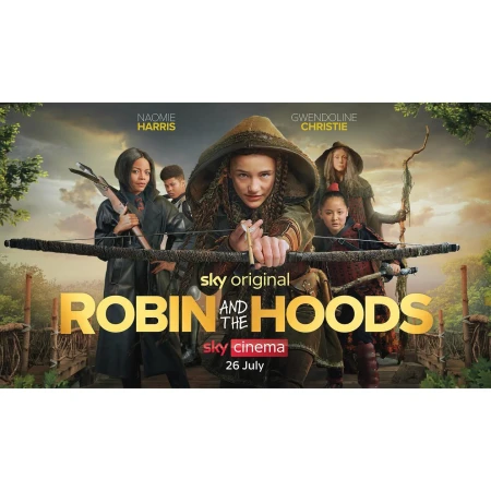 Group of young archers dressed in medieval-style attire in the promotional poster for 'Robin and the Hoods' TV show. 