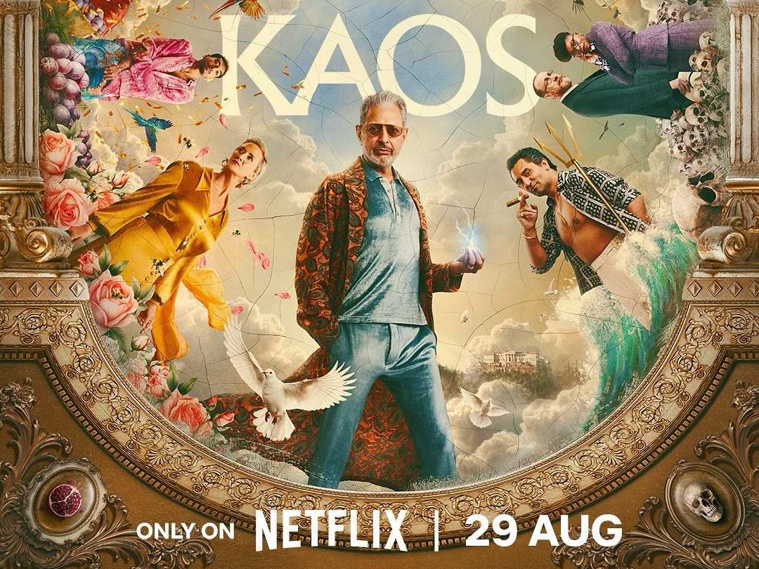 Promotional poster for the series Kaos shows a man in patterned jacket and jeans with other characters floating around him.