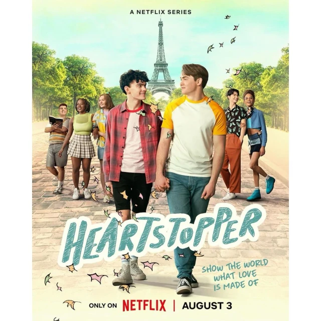 Promotional poster for Netflix's Heartstopper Season 2 featuring cast in Paris, France with the Eiffel Tower in the background.