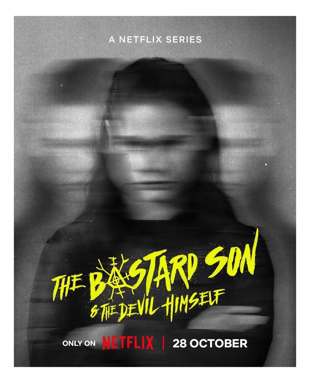Movie poster for the Netflix series, 'The Bastard Son & The Devil Himself', featuring a young adult with blurred figures.