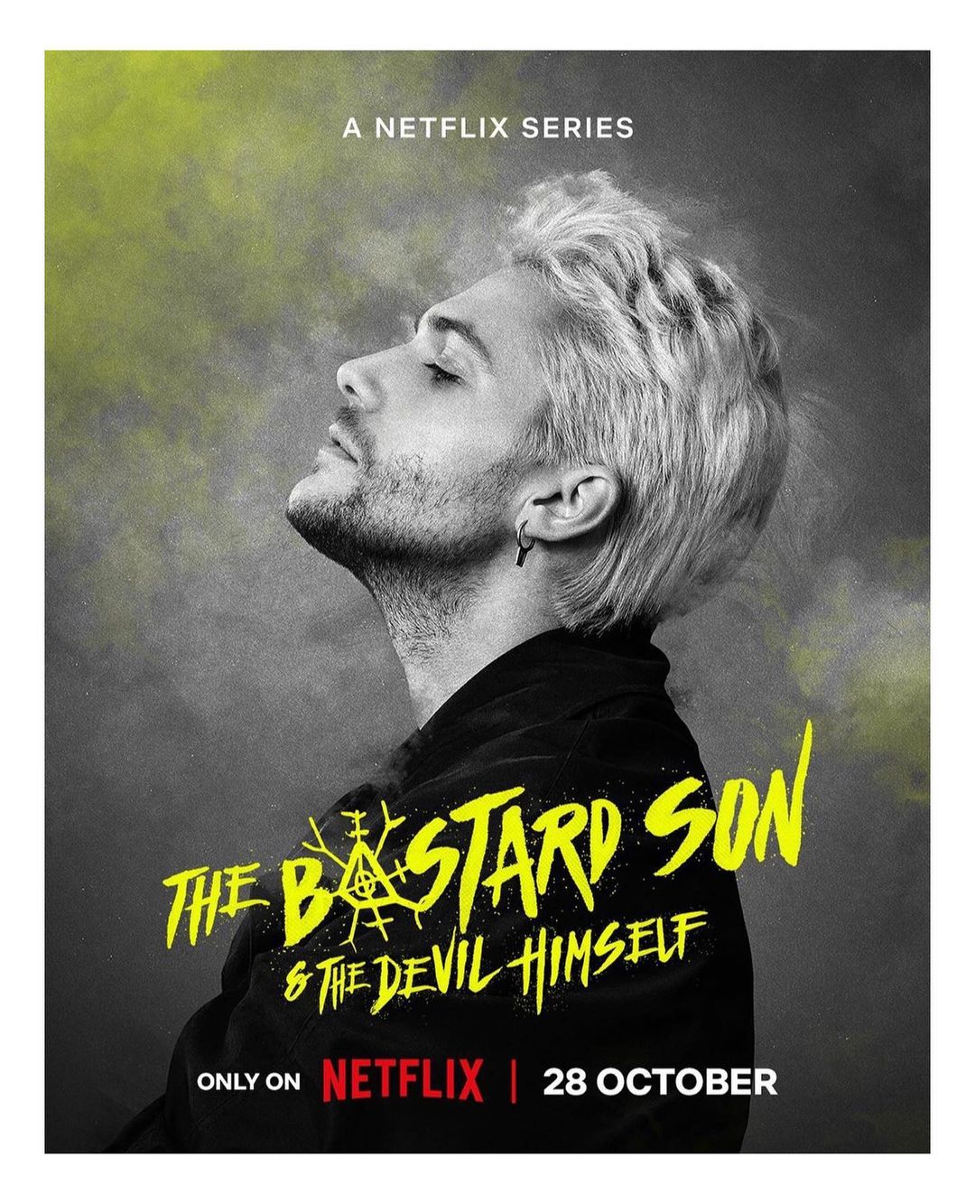 Poster for Netflix's The Bastard Son & the Devil Himself series with an adult male portrait in black and white and yellow graphic text.