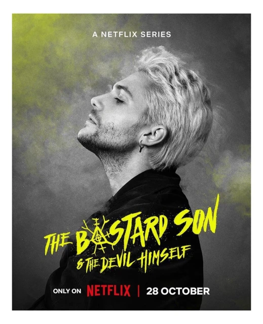 Poster for Netflix's The Bastard Son & the Devil Himself series with an adult male portrait in black and white and yellow graphic text.