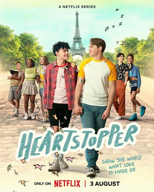 Promotional image for Netflix's Heartstopper, showing a group of teenagers on a sunny street with the Eiffel Tower in the background.