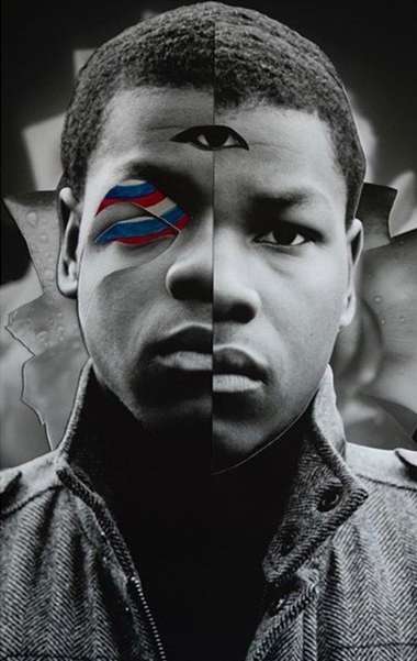 Monochrome portrait of a young Black man, split face with surreal eye design, wearing a jacket, high contrast, and collage-like elements.
