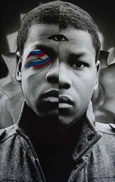 Monochrome portrait of a young Black man, split face with surreal eye design, wearing a jacket, high contrast, and collage-like elements.