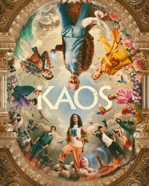 Promotional artwork for the television series 'Kaos' featuring a diverse cast of characters amidst surreal and chaotic backgrounds.