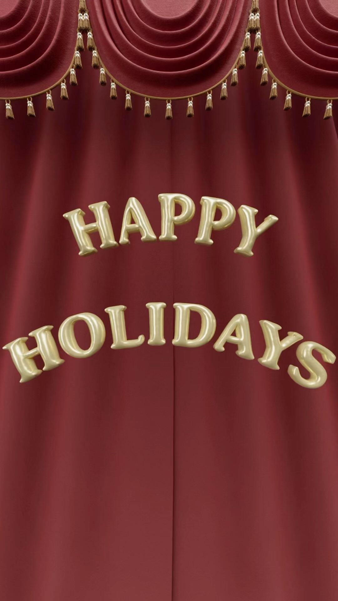 Festive holiday background featuring a red velvet curtain with a gold fringe and the words Happy Holidays in gold lettering.