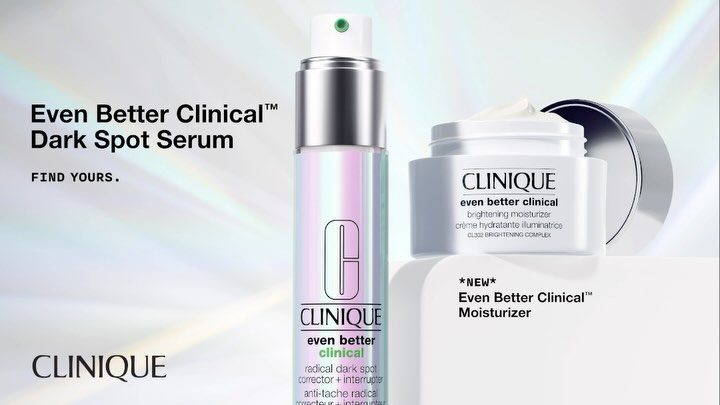 Clinique skincare set featuring Even Better Clinical Dark Spot Serum and Brightening Moisturizer, showcasing product packaging and design.
