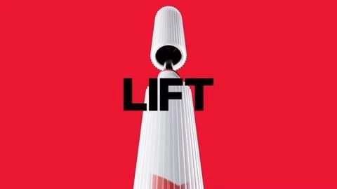 Vertical CGI render of a white cylindrical object with ribbed texture against a bold solid red background with the word LIFT