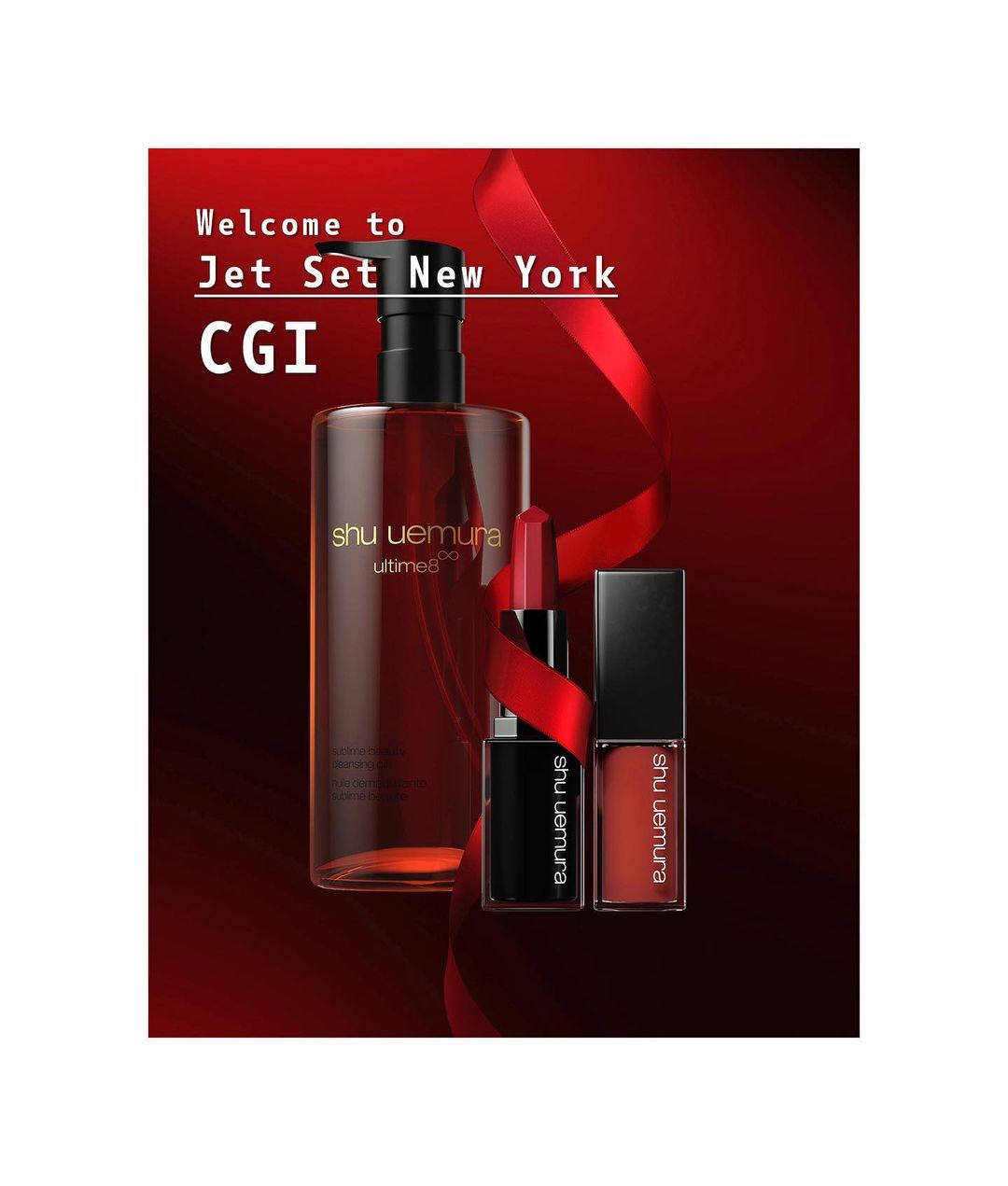 Shu Uemura skincare product and lipsticks displayed against a red background with flowing red ribbons and cosmetic product advertisement.