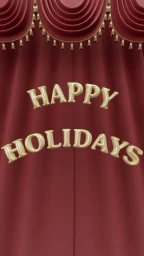 Burgundy velvet stage curtains with gold tassel pelmet framing gold balloon typography spelling Happy Holidays