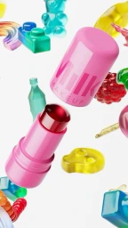 Pink Milk Makeup lip product floating with colorful translucent gummy candy and toys against white background