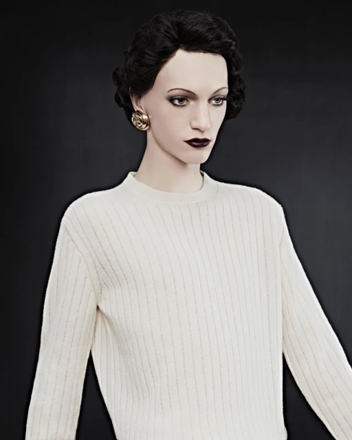Mannequin in a cream-colored ribbed sweater with gold earrings against a dark background, fashion-forward and ready for retail display.