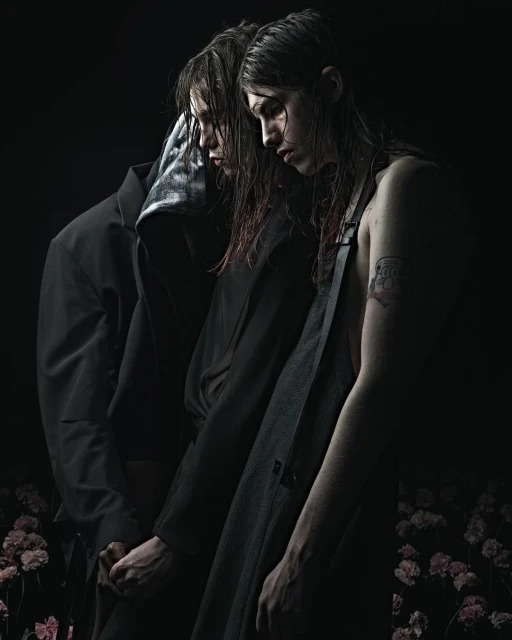 Two dark-haired people stand in close proximity amidst scattered pink flowers in a dimly lit, moody photograph, creating an intimate atmosphere.
