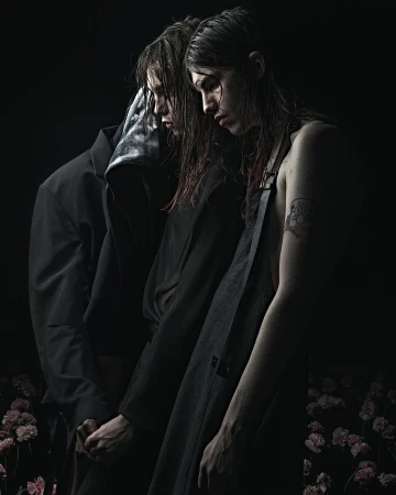 Two dark-haired people stand in close proximity amidst scattered pink flowers in a dimly lit, moody photograph, creating an intimate atmosphere.