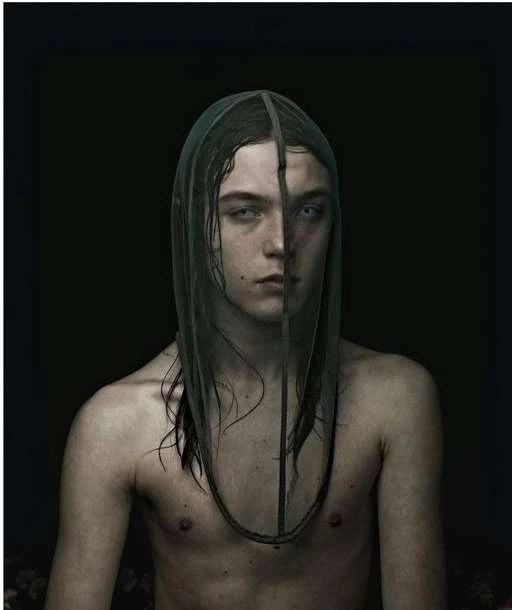Striking portrait of a young adult with light skin, captured in a studio with dark background, a dark translucent veil covering the head.