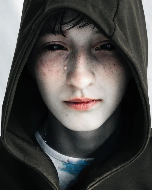 Portrait of a young person with dark eyes and a hoodie, a tear visible on their face, against a bright background.