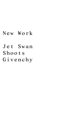 Minimalist graphic title text reading New Work Jet Swan Shoots Givenchy against a plain white background.