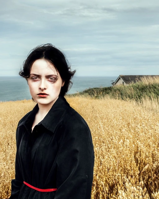 A young woman in a black coat stands in a golden field near the ocean under a cloudy sky. She has dark hair and light skin.