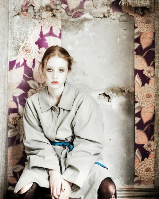 A young adult female in a grey trench coat and tights sits indoors against old wallpaper in a full shot, facing the camera.