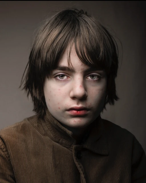 Portrait of a young male with brown hair in a corduroy jacket, gazing at the camera against a gray background in natural lighting.