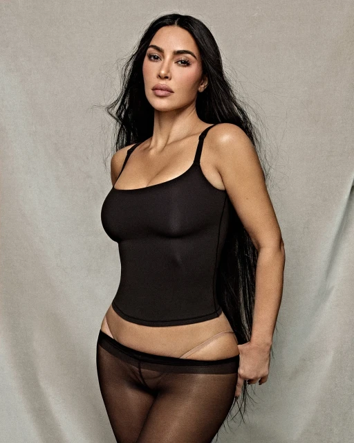 A captivating portrait of a brunette woman in a black tank top and sheer tights, standing against a textured grey backdrop in a photo studio.